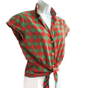 Vintage 60s Blues Paris Red Green Check Crop Top Tie Waist Flower Buttons France